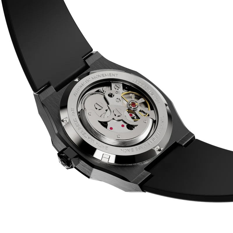 Arabic dial automatic watch transparent case back showing mechanical movement