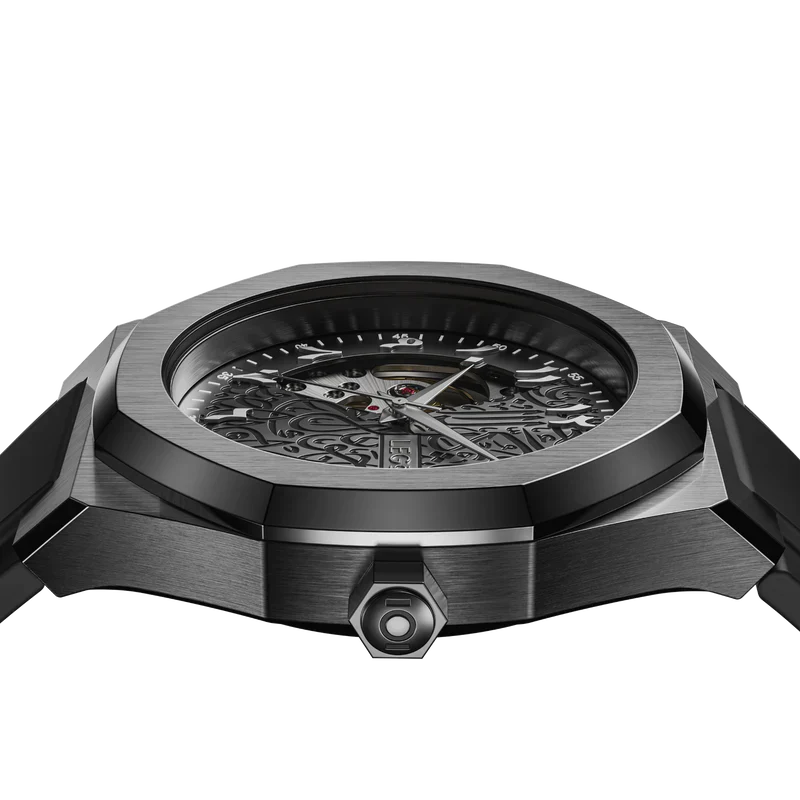 Automatic men’s watch side view showing case thickness and crown