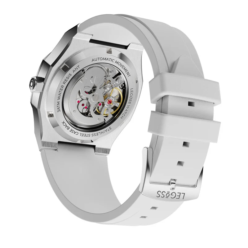 Arabic dial automatic watch transparent case back showing mechanical movement