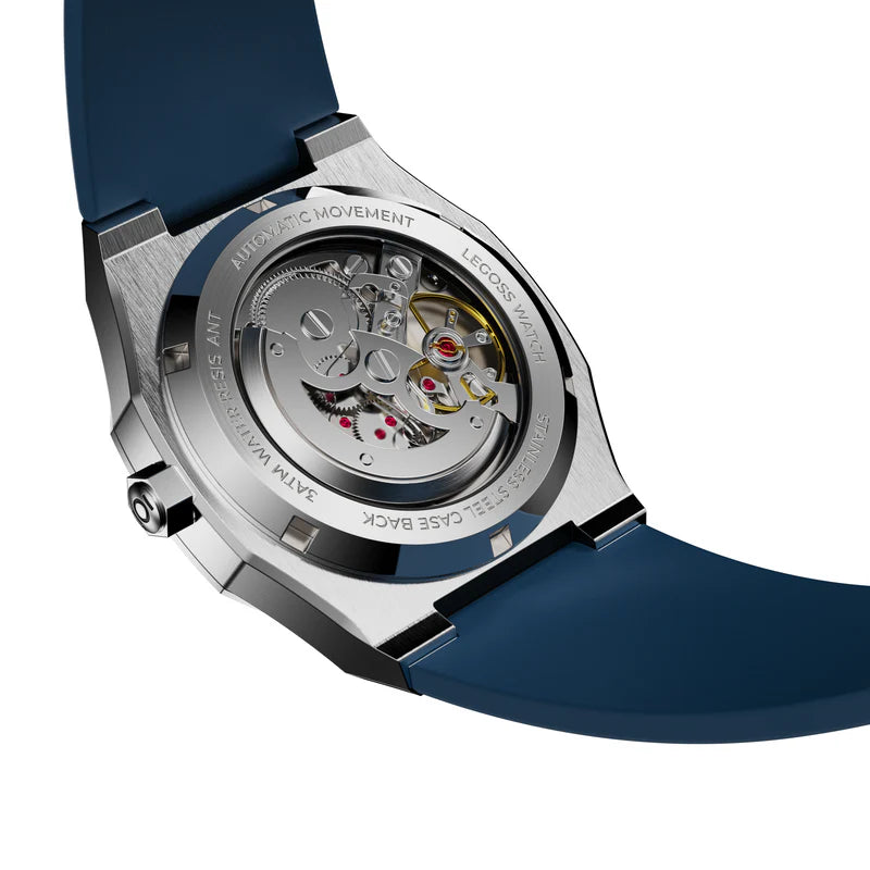 Transparent back of men’s Arabic dial automatic watch revealing the mechanical movement”
