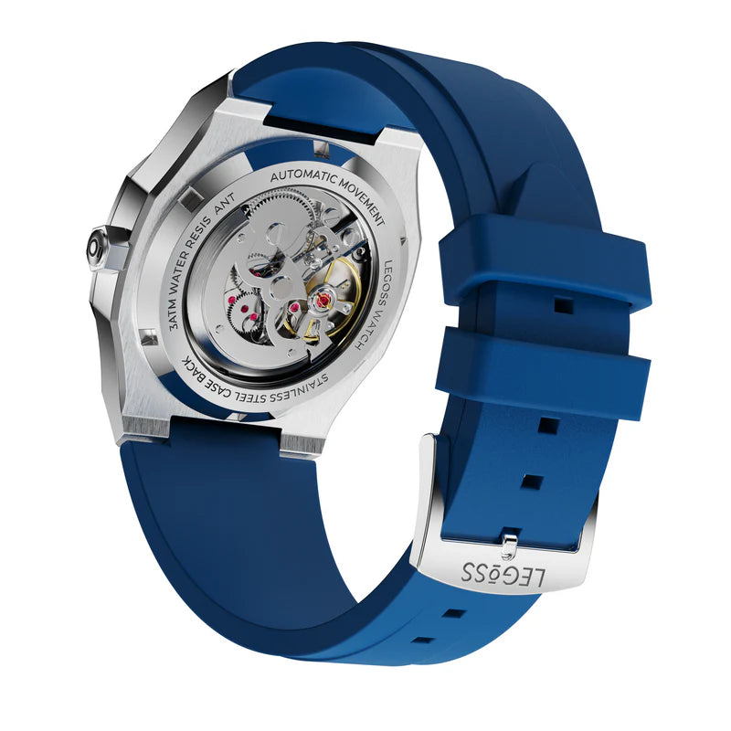 Transparent back case of a men’s Arabic dial automatic watch showing mechanical movement