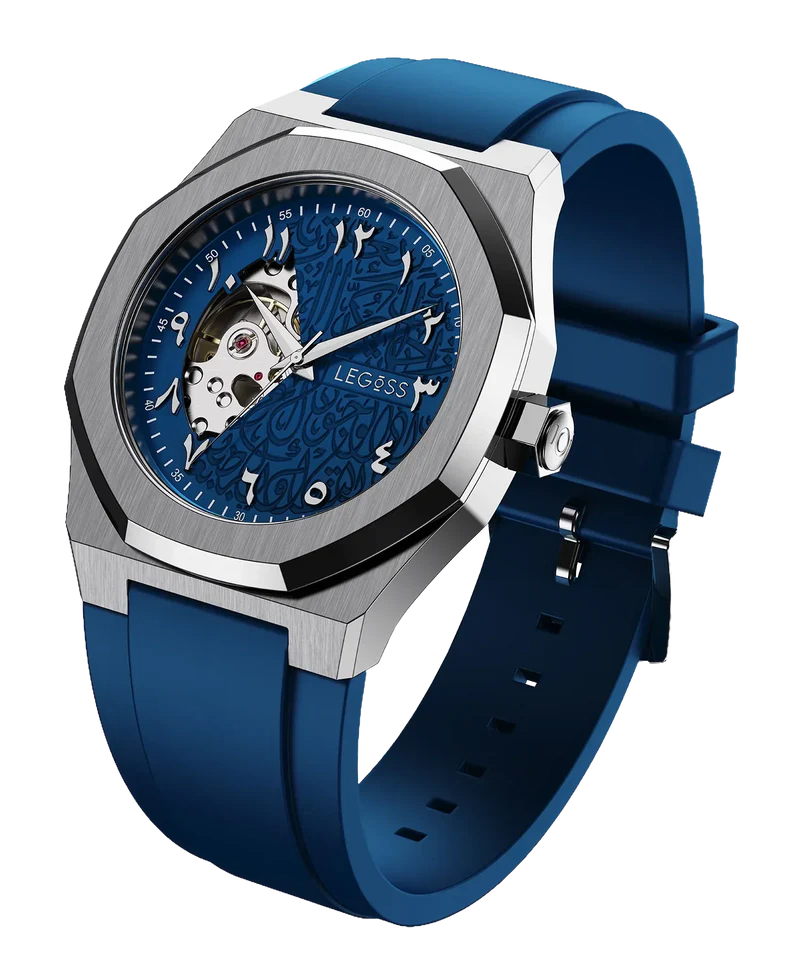 Side view of men’s Arabic dial automatic watch with blue dial showing the full profile and case design