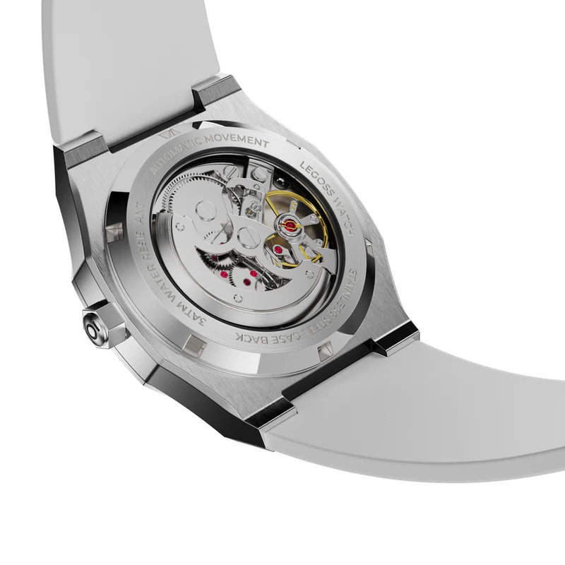 Men’s Arabic dial automatic watch white silicone strap and clasp detail