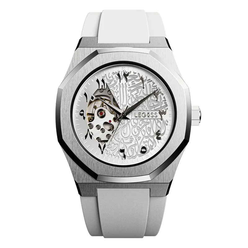 Men’s Arabic dial automatic watch with white case and Arabic numerals