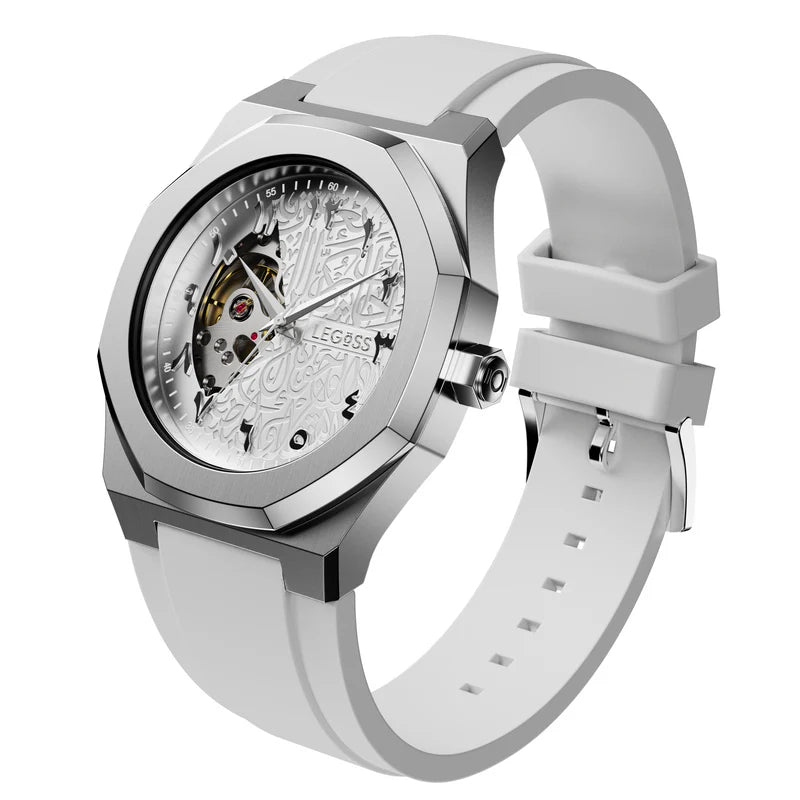 Men’s Arabic dial automatic watch with white strap angled